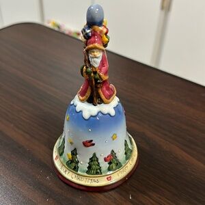 Vintage Porcelain Santa Christmas Bell with Pine Trees and Cardinals